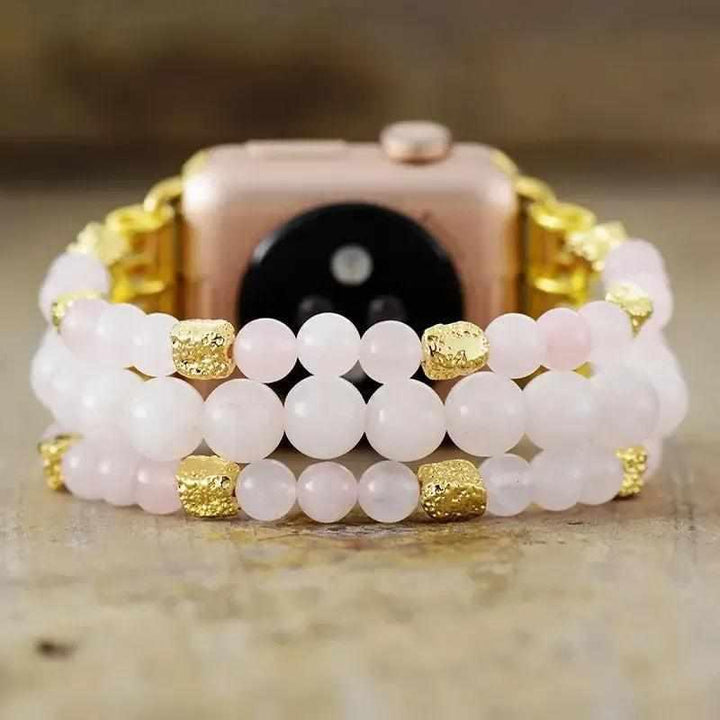 Rose Quartz Crystal Beaded Apple Watch Band with gold accents, promoting love and healing.