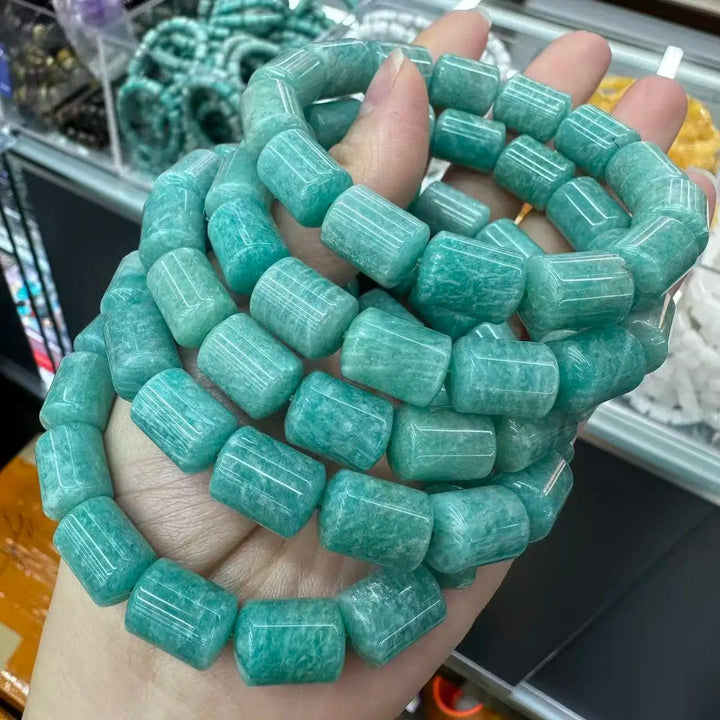 Amazonite Crystal Big Beads Bracelet, natural stone with barrel-cut beads for daily intention work.