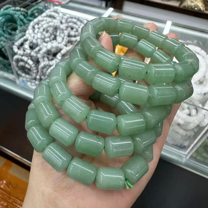 Lustrous green barrel-cut natural stone beads form a Crystal Big Beads Bracelet, supporting the Heart Chakra.