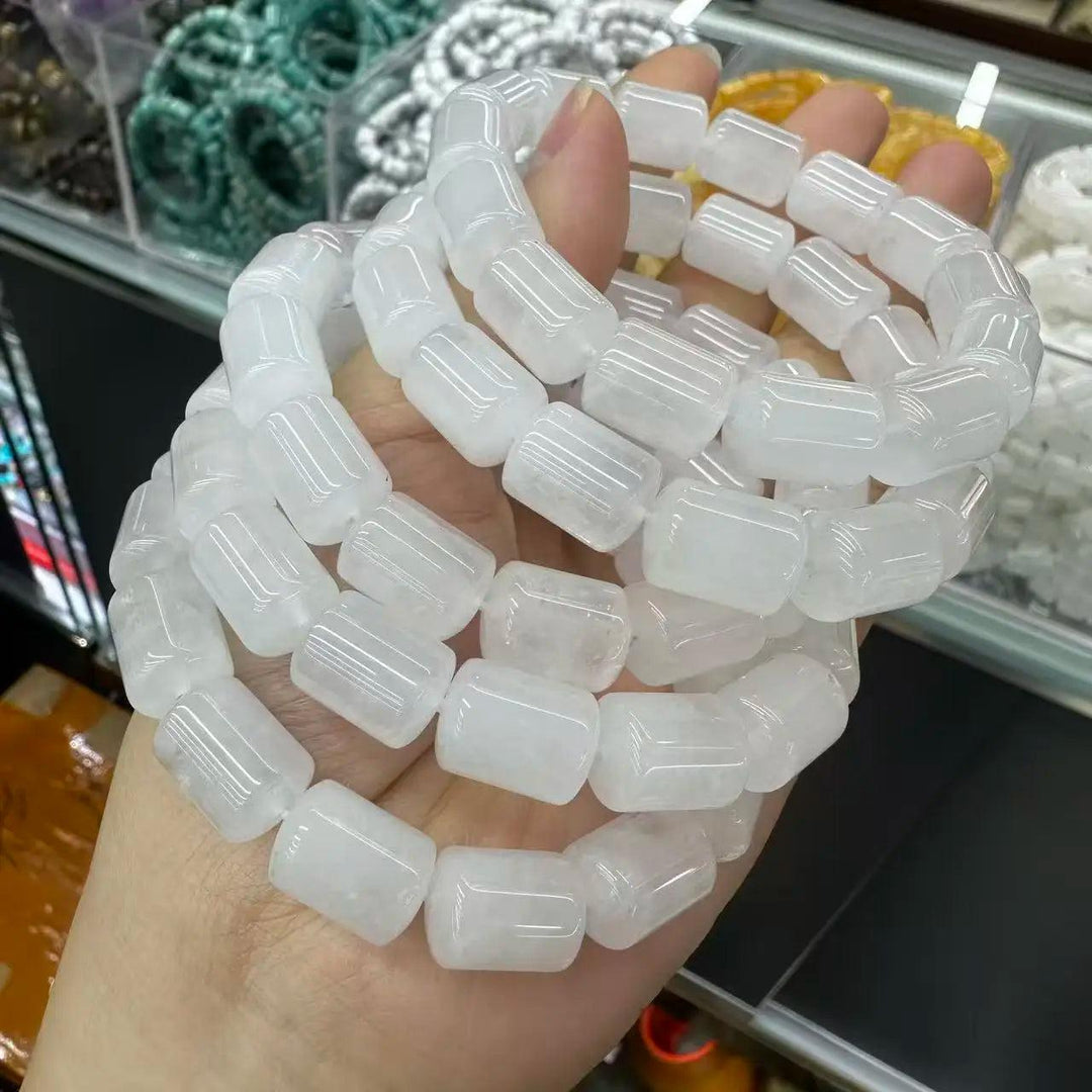 Clear Quartz Crystal Big Beads Bracelet. Natural white barrel-cut beads for daily intention work.