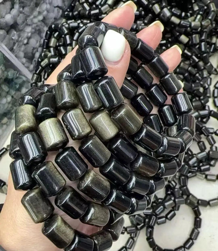 Golden Obsidian Crystal Big Beads Bracelet, natural stone with barrel-cut beads for daily intention work.