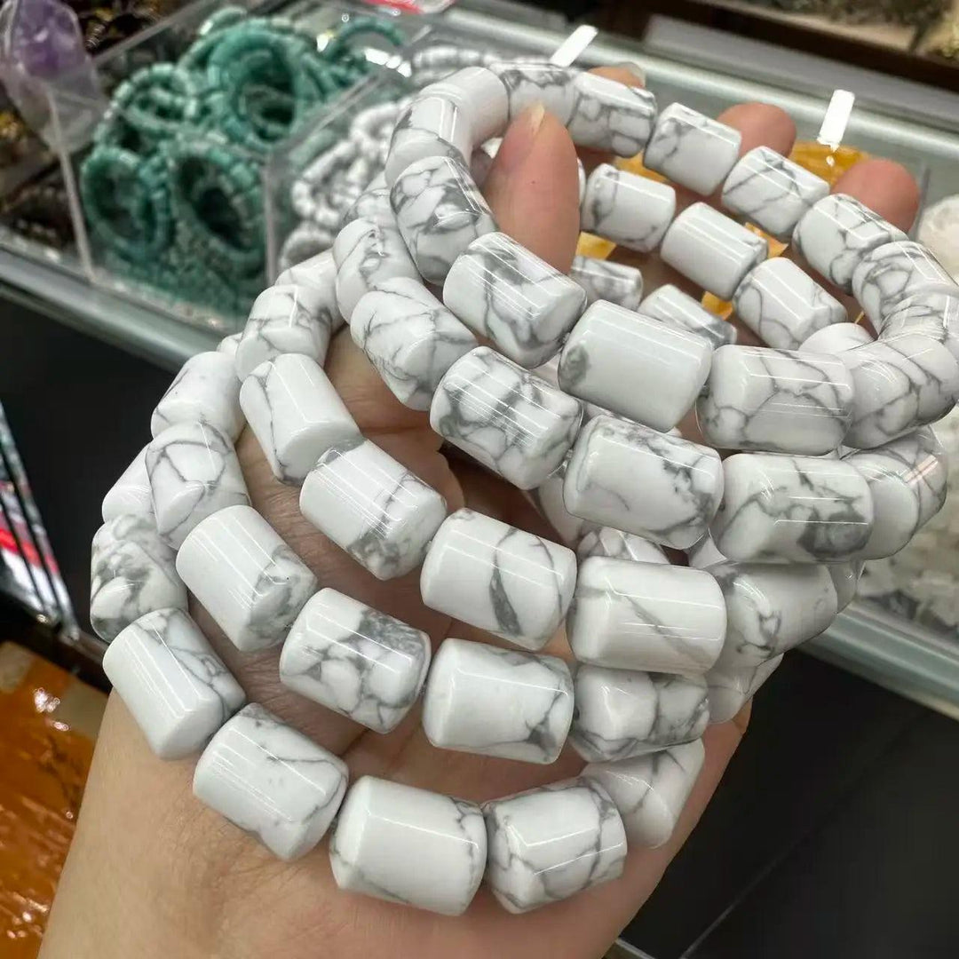 Howlite Crystal Big Beads Bracelet: Natural white stone with grey veins, barrel-cut beads for daily intention work.