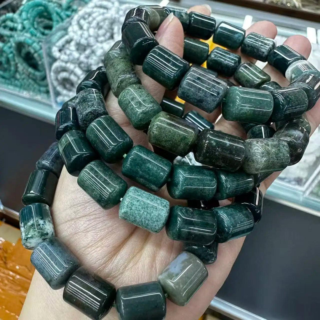 Natural Stone Crystal Big Beads Bracelet, deep green barrel-cut Astrophyllite for Heart Chakra intention work.