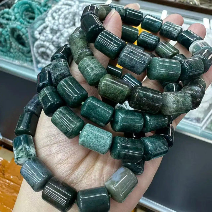 Natural Stone Crystal Big Beads Bracelet, deep green barrel-cut Astrophyllite for Heart Chakra intention work.