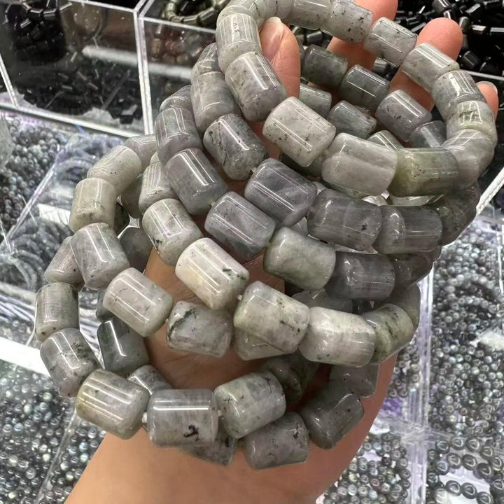 Natural stone Crystal Big Beads Bracelet with barrel-cut gray Labradorite beads for daily intention work.