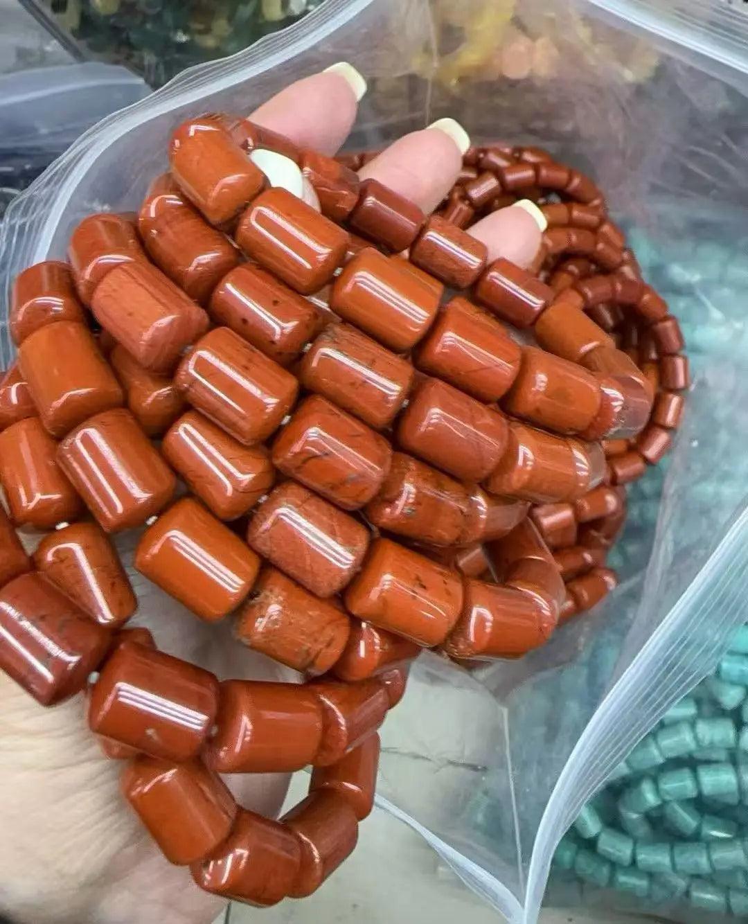 Vibrant Red Jasper Crystal Big Beads Bracelet, natural barrel-cut stone for daily intention work.