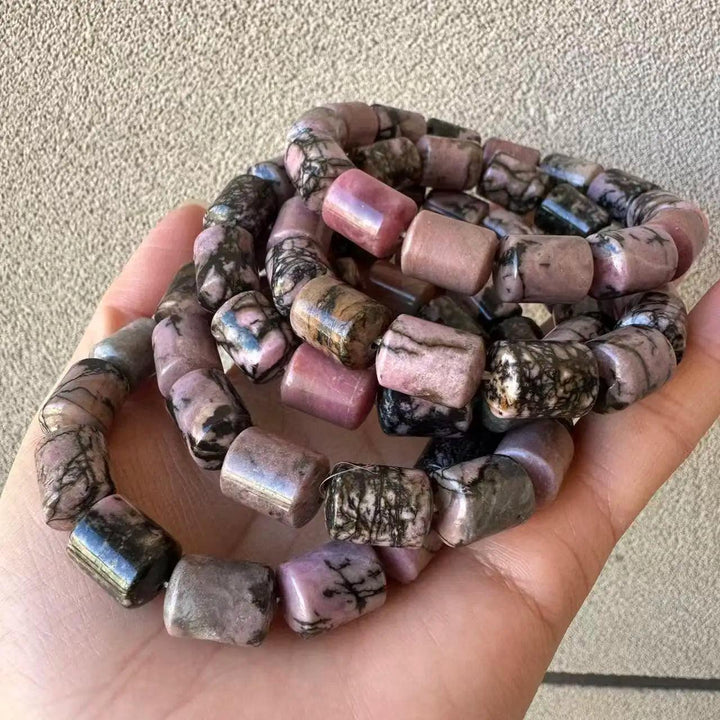 Rhodonite Crystal Big Beads Bracelet, natural pink and black barrel-cut stones for daily intention work.
