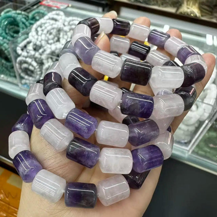 Amethyst and Rose Quartz Crystal Big Beads Bracelet, natural barrel-cut stones for daily intention work.