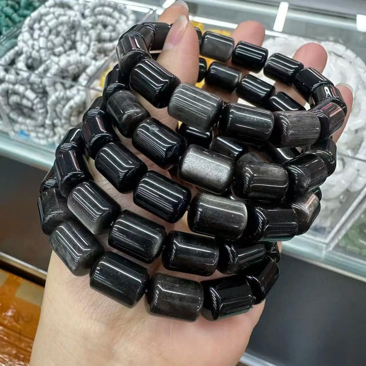 Shimmering Black Obsidian Crystal Big Beads Bracelet with barrel-cut beads for daily intention work.