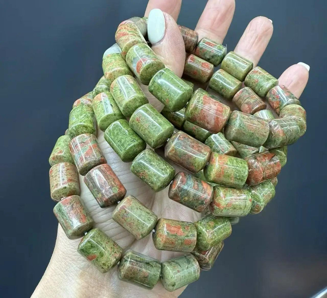 Unakite Crystal Big Beads Bracelet with barrel-cut beads, supporting the Heart Chakra.