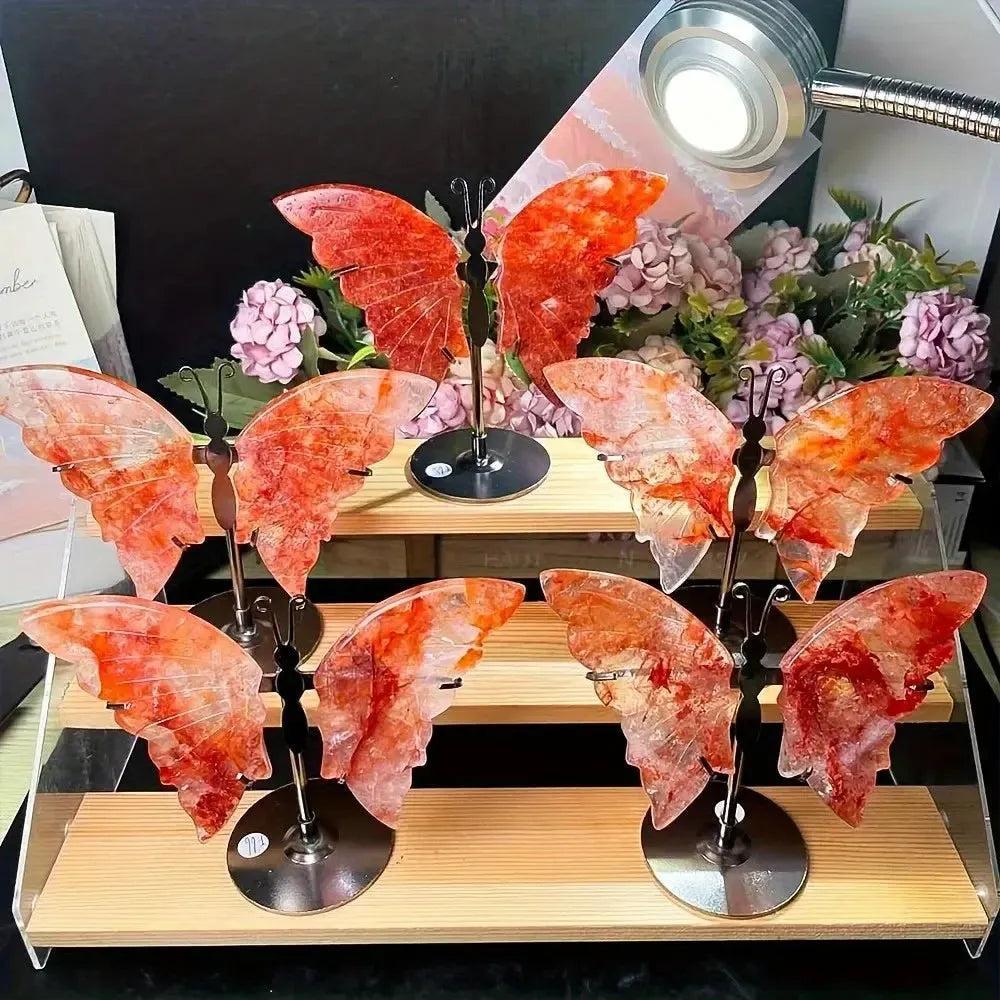 Crystal Butterfly Wings Carving with Stand | Fire Quartz & Golden Healer