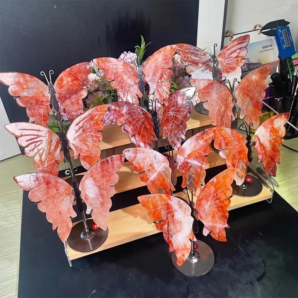 Crystal Butterfly Wings Carving with Stand | Fire Quartz & Golden Healer