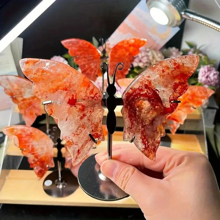 Crystal Butterfly Wings Carving with Stand | Fire Quartz & Golden Healer