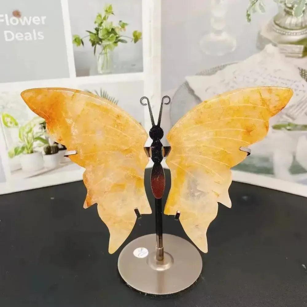 Crystal Butterfly Wings Carving with Stand | Fire Quartz & Golden Healer