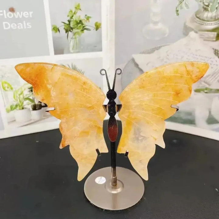 Crystal Butterfly Wings Carving with Stand | Fire Quartz & Golden Healer
