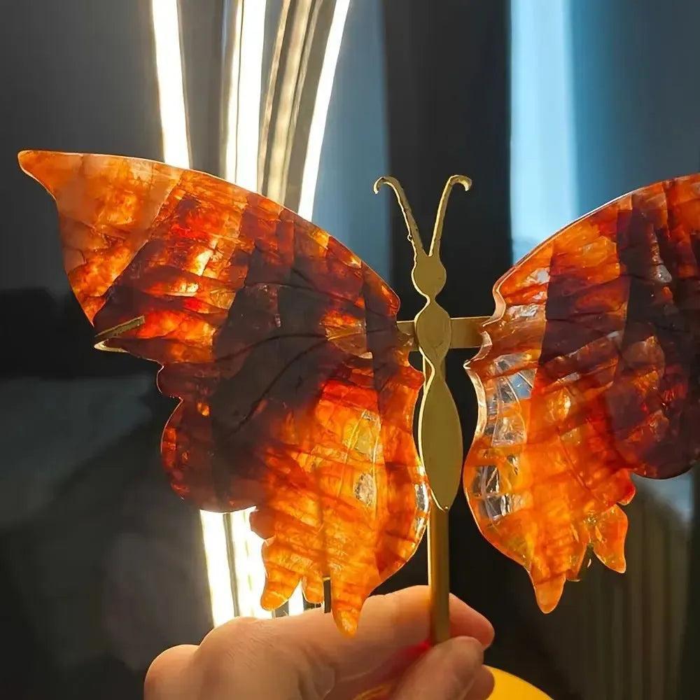 Crystal Butterfly Wings Carving with Stand | Fire Quartz & Golden Healer