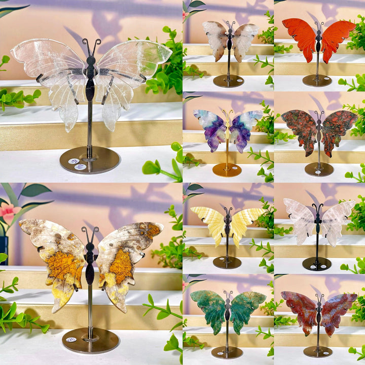 Multimaterial crystal butterfly wings with stands, featuring clear, colorful, and natural healing crystals.