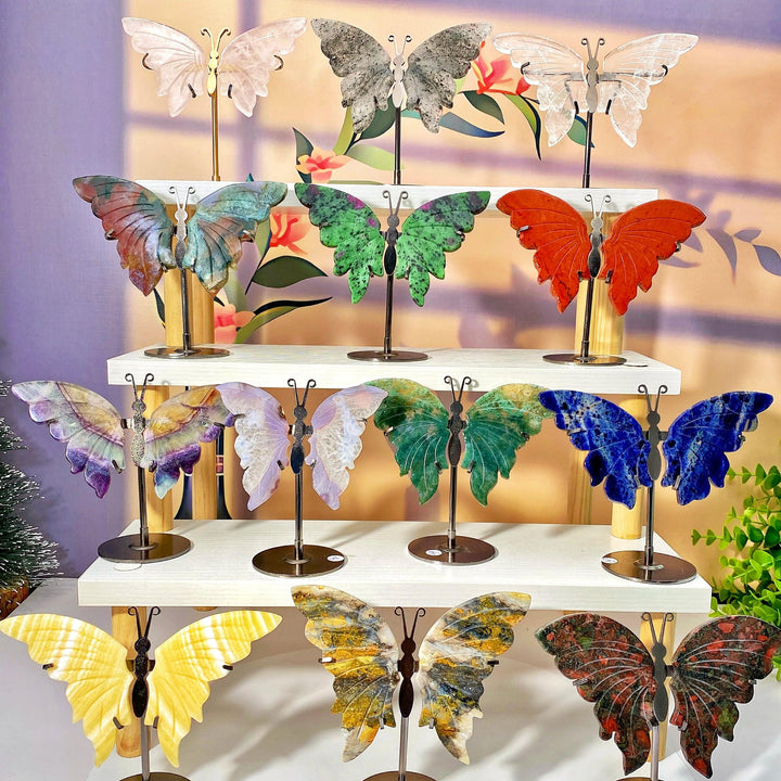 Multimaterial crystal butterfly wings with stands, a vibrant decoration set and healing crystal gift for women.