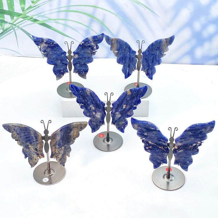 High-quality crystal butterfly wings with stands, featuring natural blue sodalite for healing and decoration.