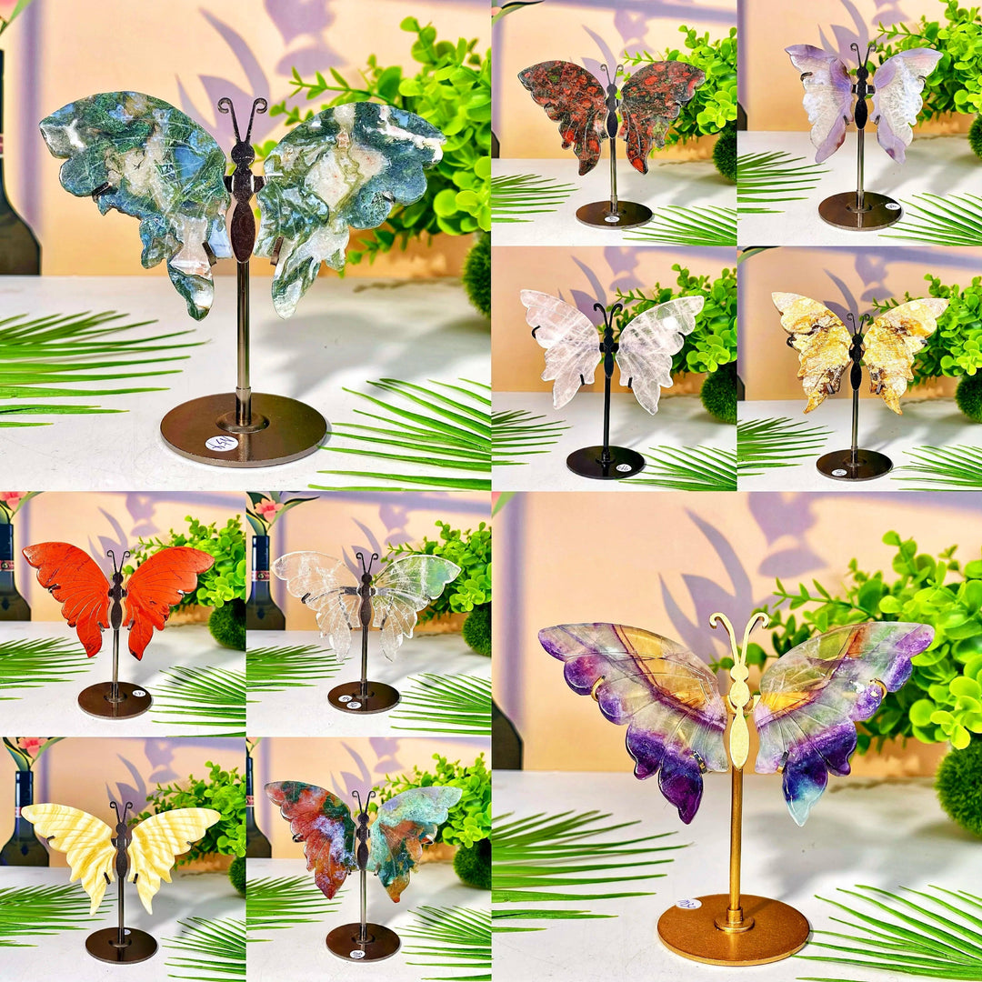 Multimaterial crystal butterfly wings with stands, ideal for healing decor or a unique gift.