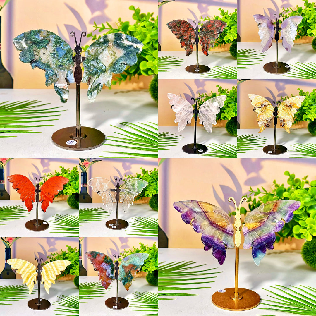 Multimaterial crystal butterfly wings with stands, ideal for healing decor or a unique gift.
