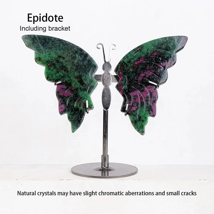 Epidote Crystal Carved Butterfly with outstretched wings on a metal display stand, a graceful piece for mindful decor.