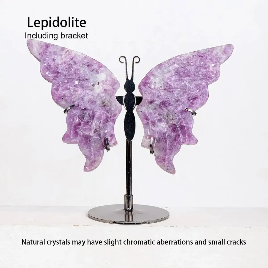 Lepidolite crystal carved butterfly sculpture on a display stand, featuring calming purple hues for peaceful energy.
