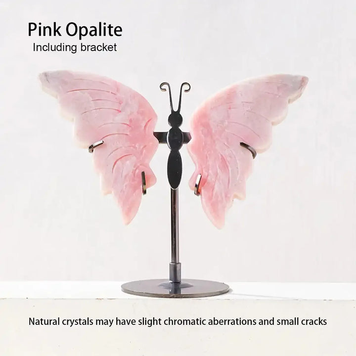 Pink Opalite Crystal Carved Butterfly on a display stand, a graceful stone sculpture for mindful home decor.