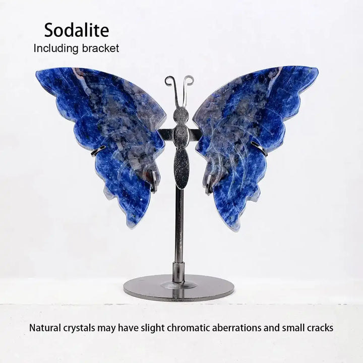 Deep blue Sodalite crystal carved butterfly on a metal display stand, perfect for mindful decor and spiritual growth.