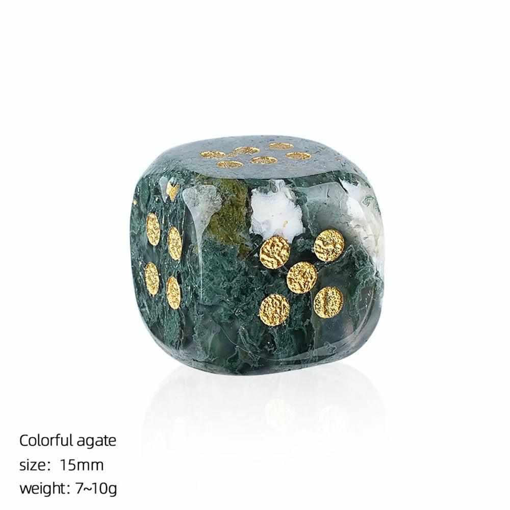 15mm Colorful Agate crystal carved dice with rounded corners, featuring grounding green tones and elegant gold pips.