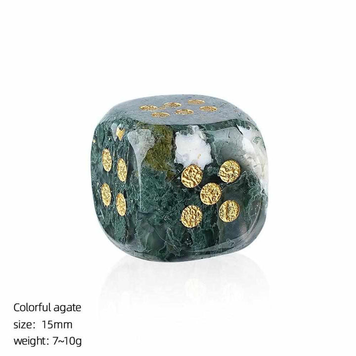 15mm Colorful Agate crystal carved dice with rounded corners, featuring grounding green tones and elegant gold pips.