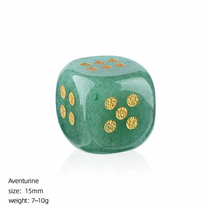 15mm Green Aventurine crystal die with rounded corners and elegant gold pips for a calming, lucky gaming experience.