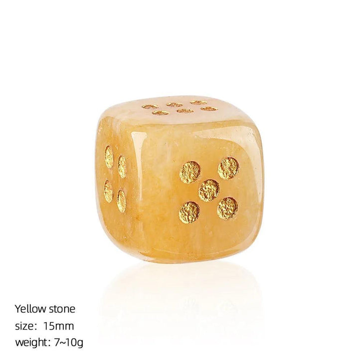 15mm Yellow Jade crystal carved die with rounded corners and elegant gold-filled pips for a grounding, radiant energy.