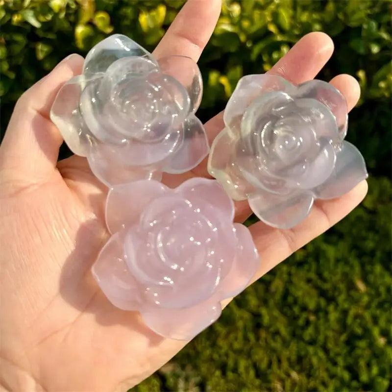 Handheld Macaron Fluorite flower figurines, delicate crystal carvings for Heart Chakra healing and natural beauty.