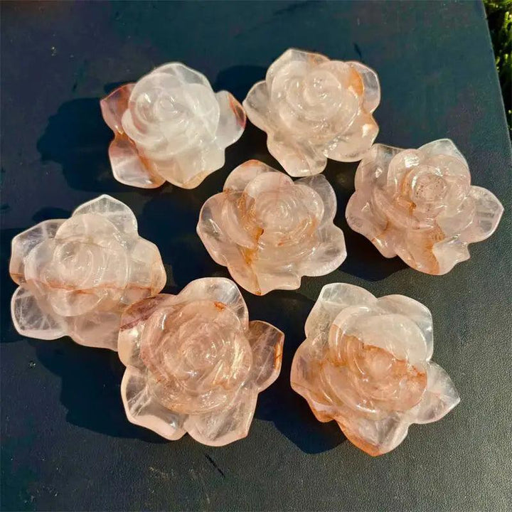 Red Fire Quartz flower figurines, delicately carved crystals with fiery depth for Heart Chakra healing and natural beauty.
