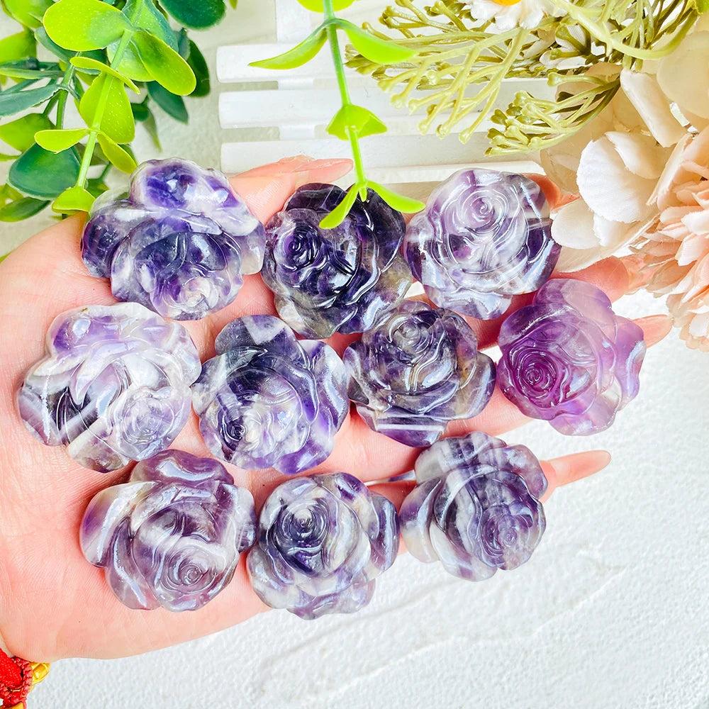 Amethyst Crystal Carved Rose Sculptures for peace and tranquility. Beautiful purple and white flower carvings.