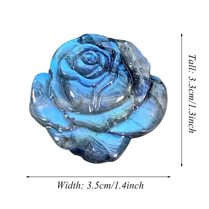 Iridescent blue Labradorite rose sculpture, 3.3cm tall, for growth, transformation, and inspiration.