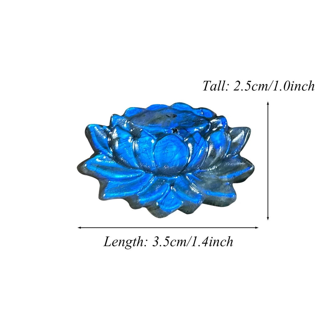 Iridescent blue Labradorite lotus flower sculpture, 2.5cm tall, for growth, transformation, and inspiration.