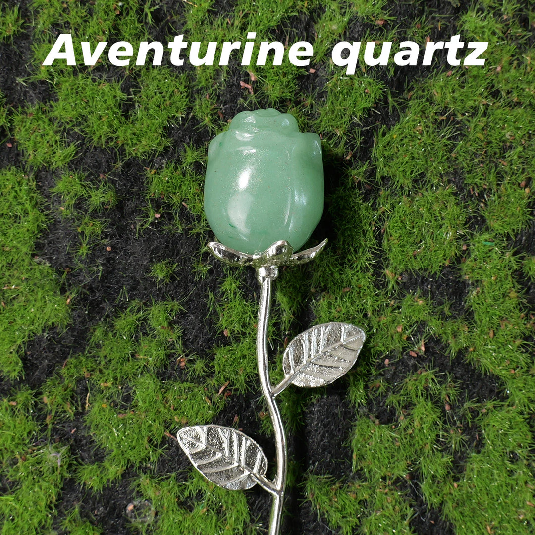 Green Aventurine crystal carved rose flower on a silver stem, a polished gemstone for healing and altar decor.