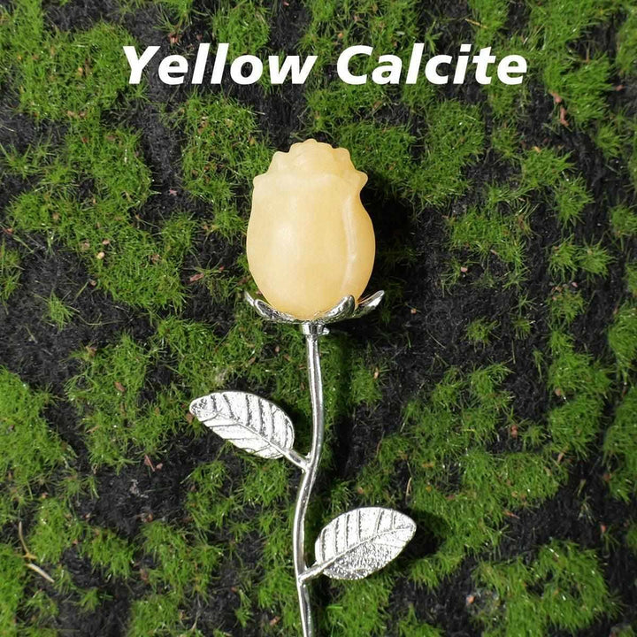 Yellow Calcite crystal carved rose flower on a silver stem, a 50mm natural gemstone for healing and altar decor.