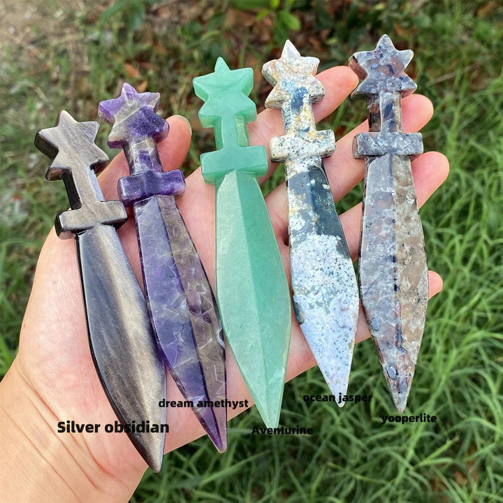 Hand-carved crystal sword letter openers: Silver obsidian, Dream Amethyst, Aventurine, Ocean Jasper, Yooperlite.