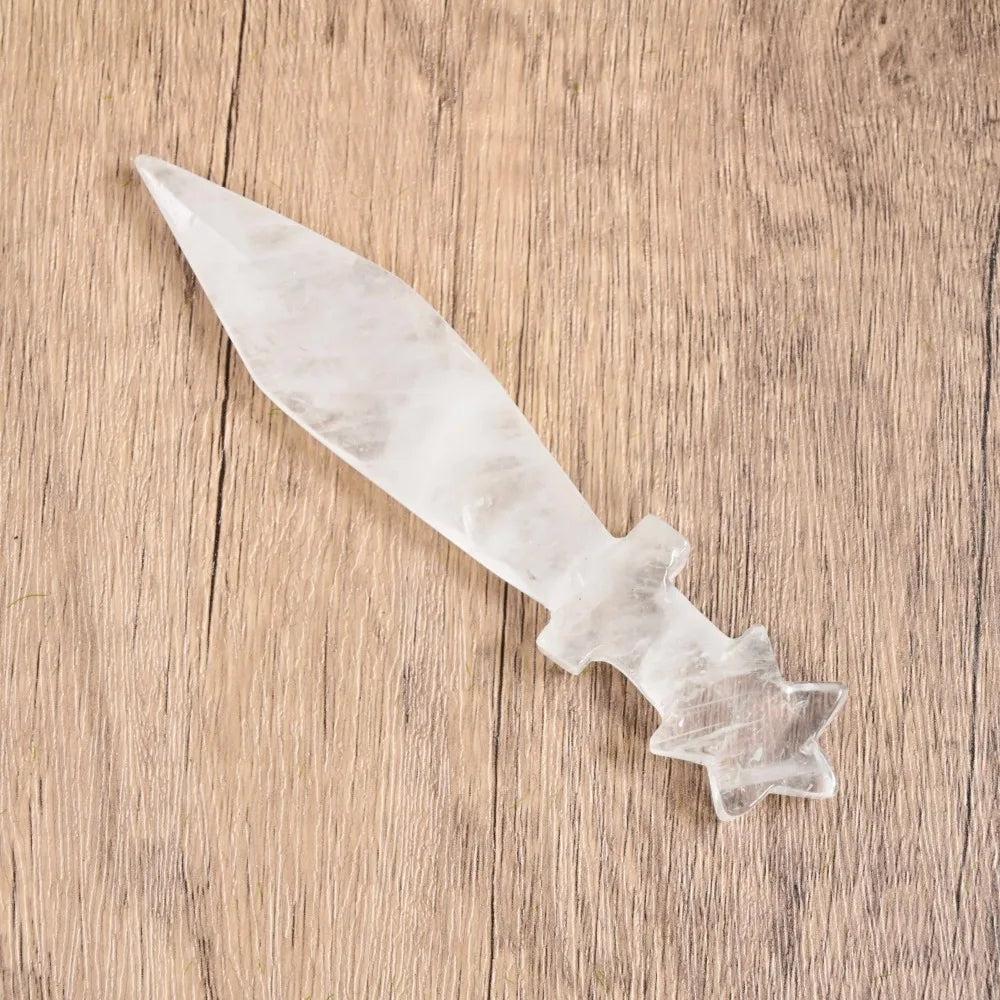 Clear Quartz Crystal Carved Sword Letter Opener for clarity and discernment. Hand-carved crystal wand.