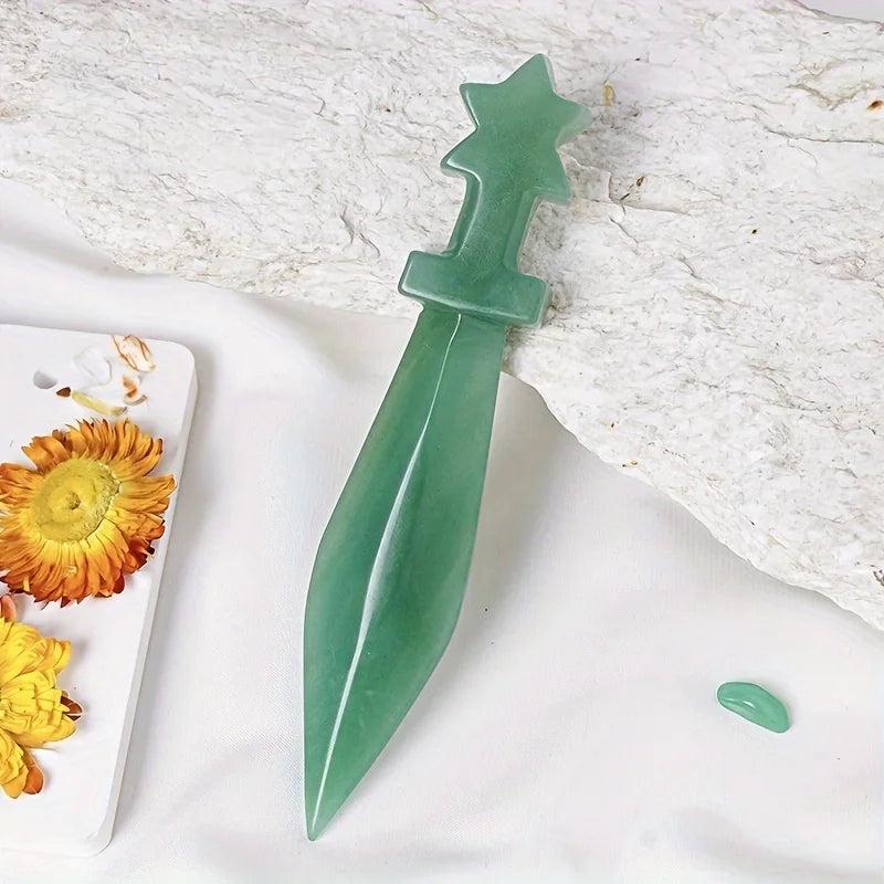 Hand-carved Green Aventurine Crystal Carved Sword Letter Opener, a symbol of clarity and discernment.