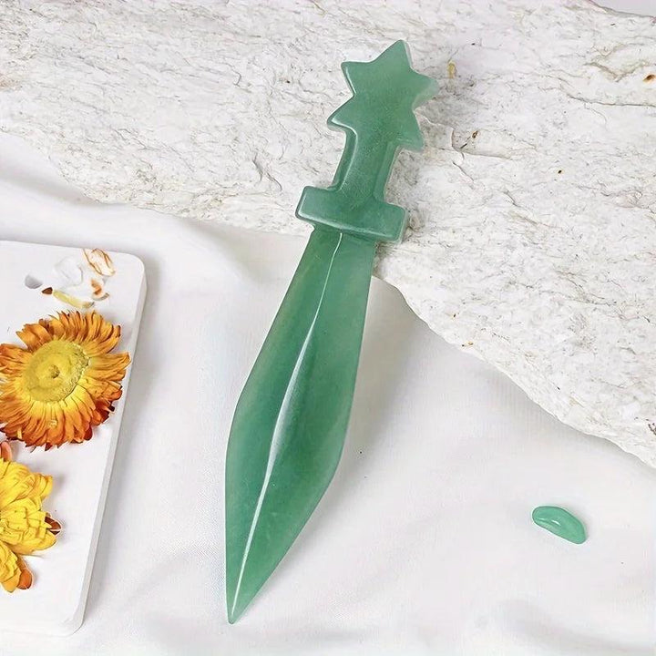 Hand-carved Green Aventurine Crystal Carved Sword Letter Opener, a symbol of clarity and discernment.