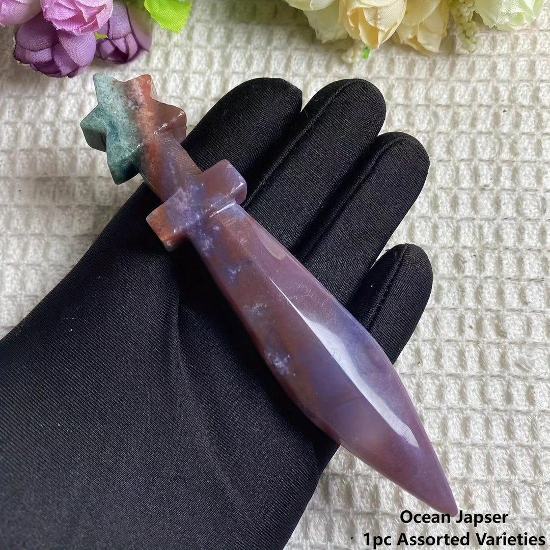 Hand-carved Ocean Jasper crystal sword letter opener, vibrant with joyful patterns for clarity and discernment.
