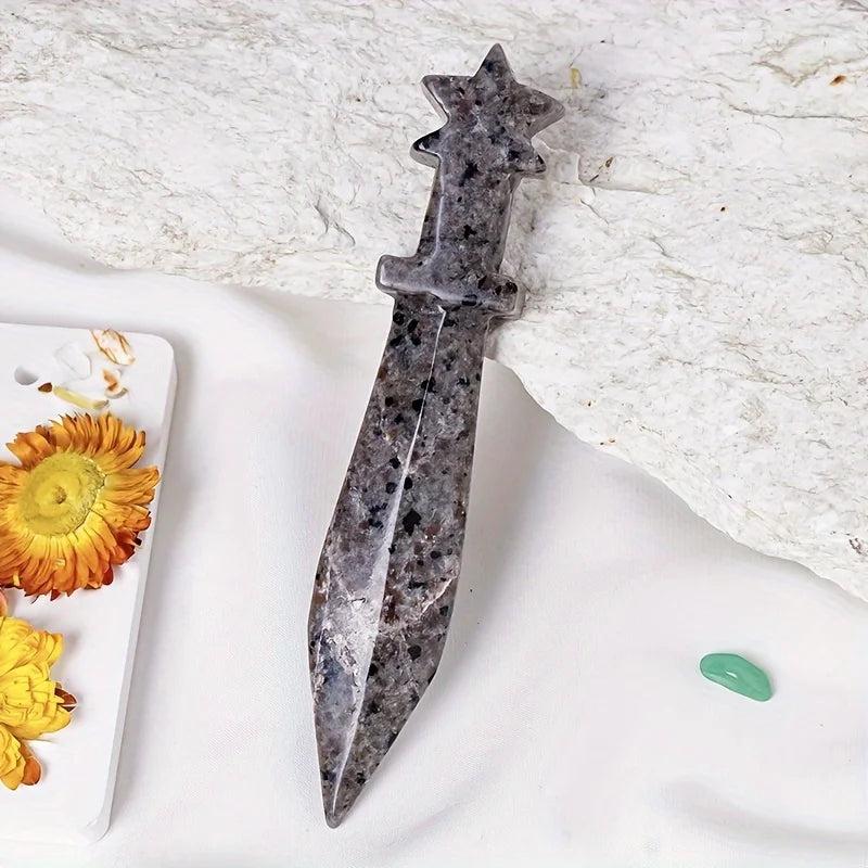 Sparkling Yooperlite crystal carved sword letter opener with star pommel, perfect for clarity and discernment.