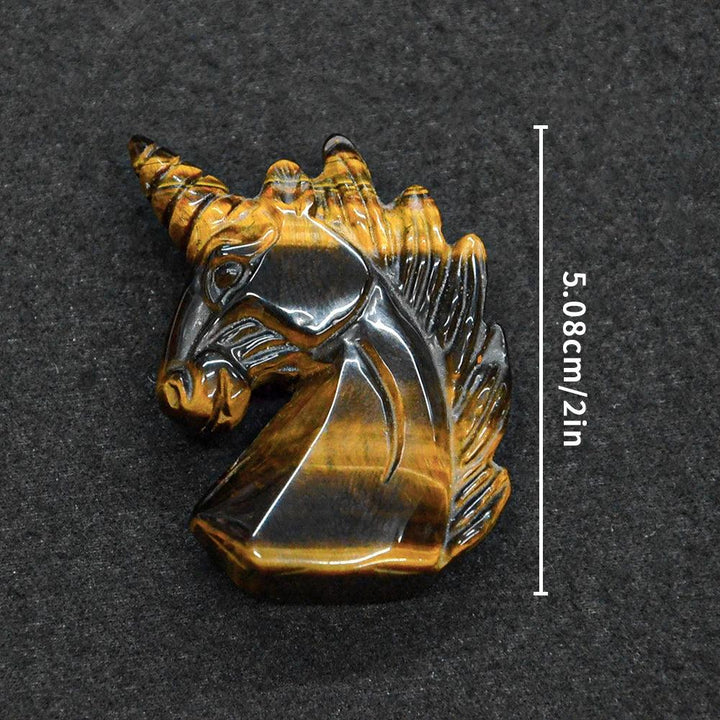 Hand-carved 51mm Tiger’s Eye crystal unicorn figurine, a golden-brown stone statue for Solar Plexus Chakra energy healing.