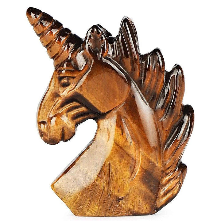 51mm hand-carved Tiger's Eye unicorn figurine with a polished, golden-brown finish for solar plexus chakra healing.