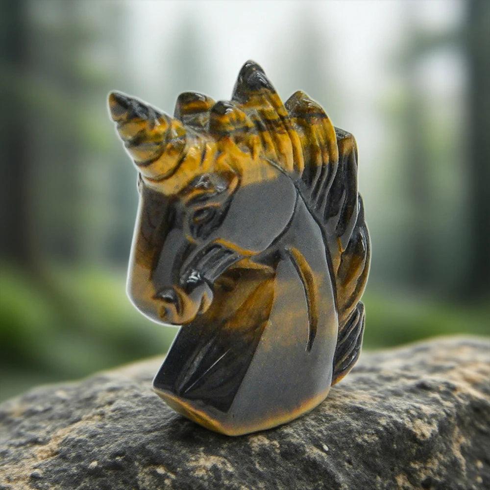 Hand-carved 51mm Tiger’s Eye unicorn figurine, a striking crystal statue for Solar Plexus Chakra healing and decor.