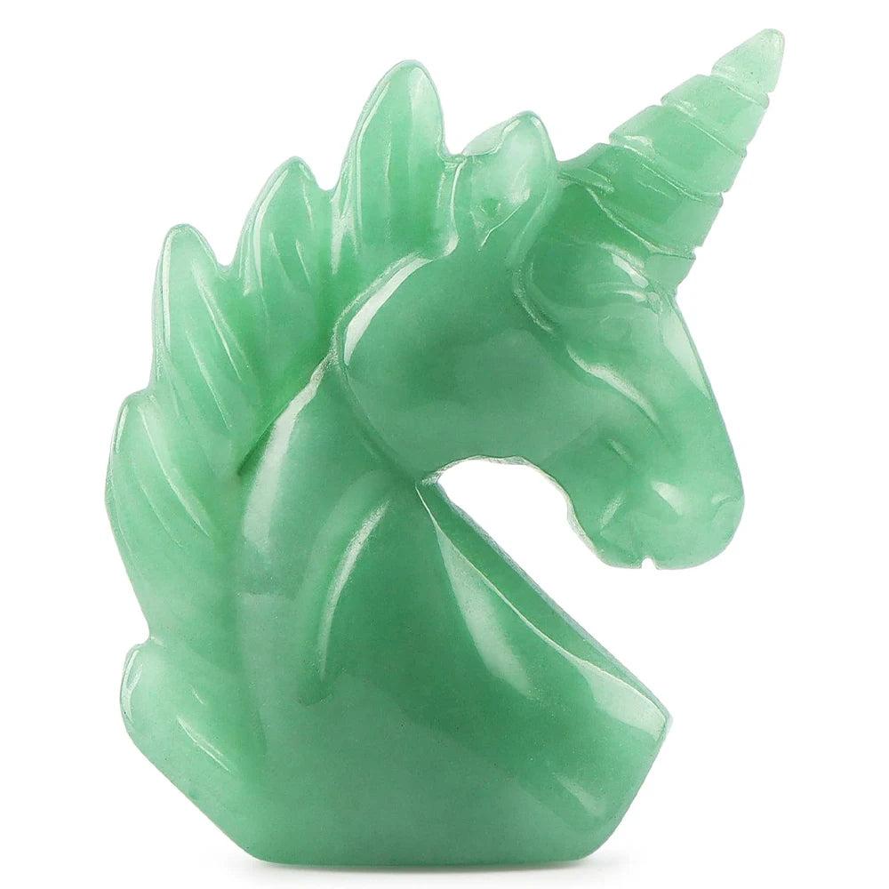 51mm hand-carved green aventurine crystal unicorn figurine for Heart Chakra healing and peaceful home decor.
